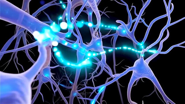 Bright Blue Neural Network with Electric Impulse Dots - Brain Synapse, Science 3D Animation