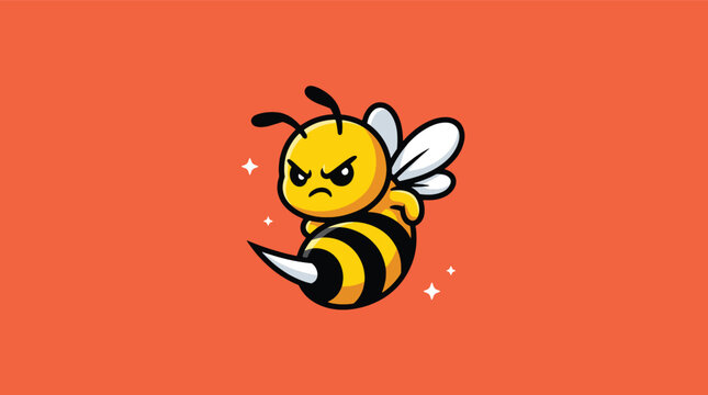 Angry Cartoon Bee Character Flying with Stinger.