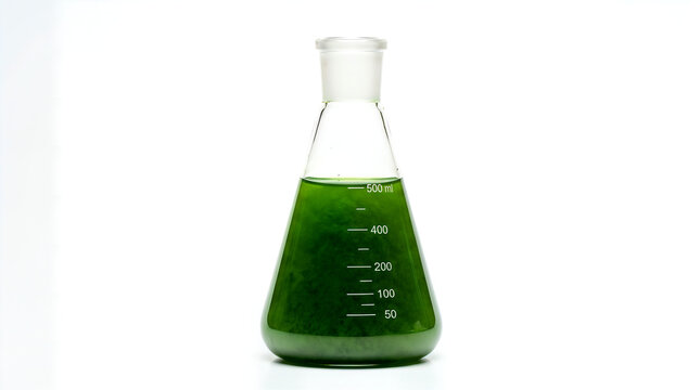 Erlenmeyer flask filled with green liquid standing on a white background