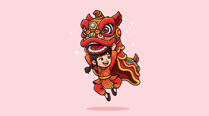 Fototapeta premium Cute cartoon child performing a traditional Chinese lion dance for Lunar New Year celebration.
