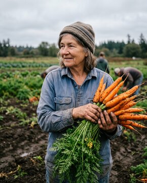Farmer holding fresh heirloom carrots in harvest field