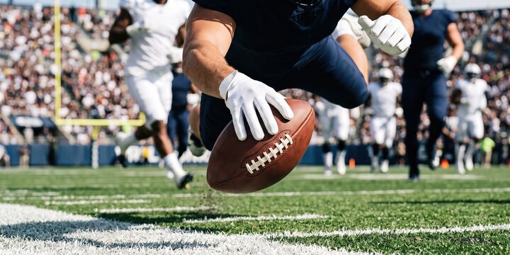Outstretched hand grounds football near scoring line. Concept of touchdown effort, possession, precision, achievement, and a match defining finish.