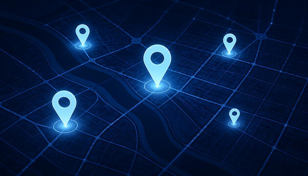 Digital city map background featuring bright blue glowing location pin icons symbolizing logistics tracking and navigation system for smart urban transit network presentation.