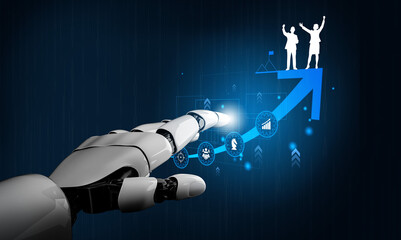 Futuristic Robotic Hand Interacting with Digital Graphs and Figures Symbolizing Career Growth and...