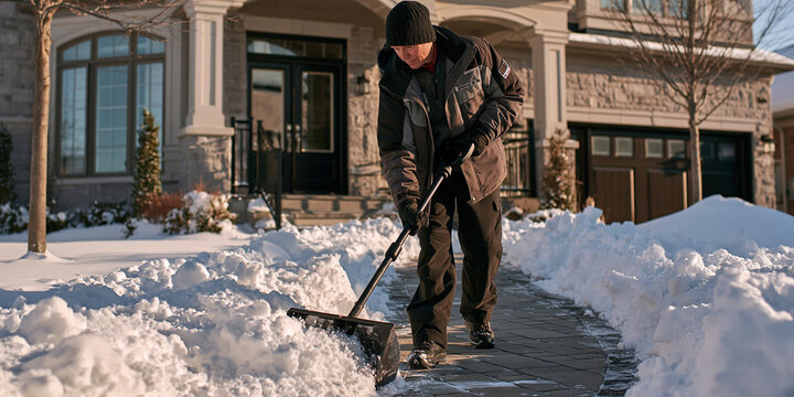 A man is shoveling snow off a sidewalk in front of a house during winter. He is wearing a winter coat and hat, and he is using a snow shovel to clear the path. The sun is shining.