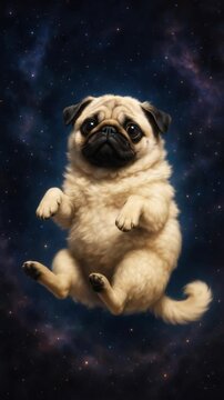 A whimsical video concept featuring a pug floating in space. Captured from a low angle, the dog appears weightless against a starry backdrop. Live mobile wallpaper.