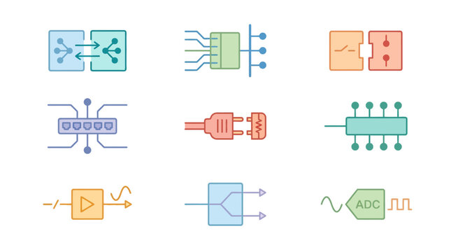 A technical flat vector icon set illustrating protocol converters, bus coupler modules, signal isolator blocks, and industrial ethernet hubs for industrial fieldbus communication, protocol gateway tec
