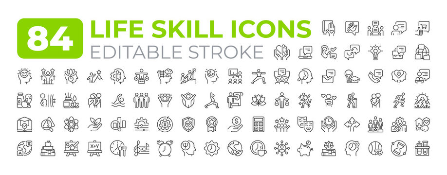 Life skills linear icon set, editable stroke personal development problem solving self improvement and core competency outline symbols isolated on white background