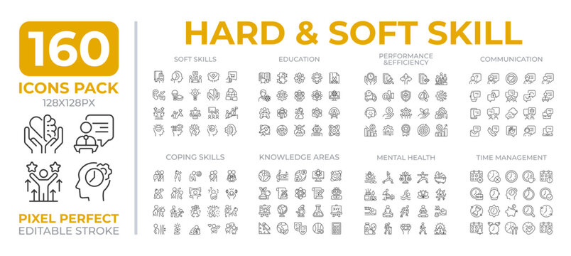 Hard and soft skills line icon set, career development education technical knowledge and professional competency linear symbols isolated on white background