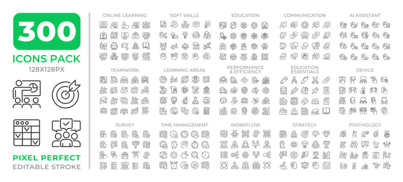 Business management, education and career skills line icons mega bundle, corporate workflow, learning study and leadership linear symbols collection isolated on white background