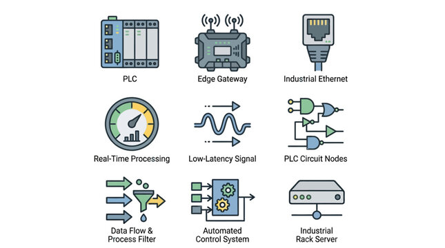 A technical flat vector icon set illustrating edge gateway modules, PLC circuit nodes, low latency signal waves, and industrial ethernet ports for industrial edge computing, programmable logic control