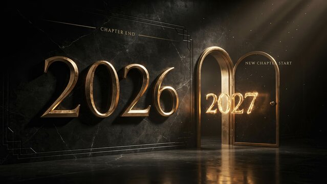 Elegant 2026 and 2027 New Year transition, golden numbers on black marble wall, open doorway to future chapter