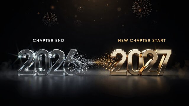 New Year 2027 transition from 2026, golden and silver 3D numbers with fireworks. New chapter start concept for business and marketing.