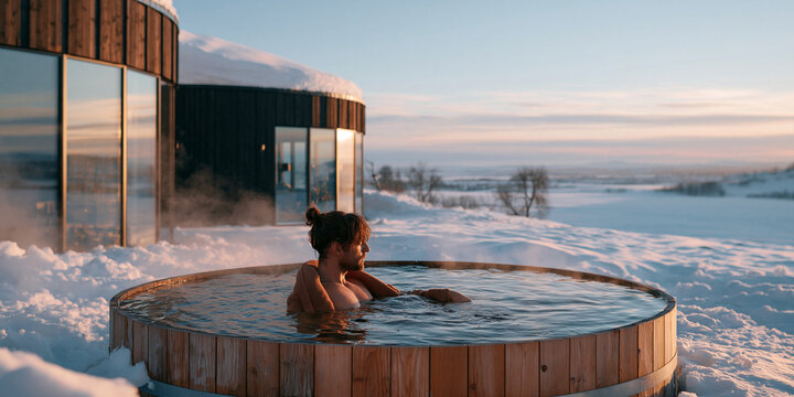 A woman relaxes in an outdoor hot tub surrounded by snow, with a modern building in the background. The steam rising from the water creates a stark contrast with the cold winter landscape