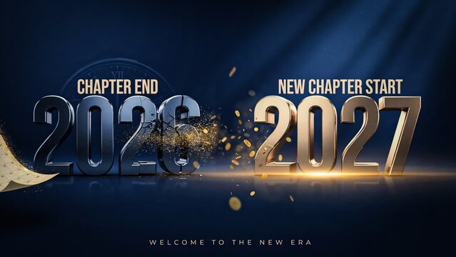 New Year 2027 transition concept, metallic 2026 and 2027 numbers on dark background, business chapter end and start