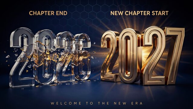 New Year 2027 transition concept, shattering glass 2026 numbers, golden 2027 typography, business future and new era beginning