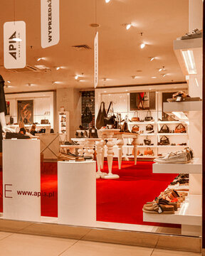 Warsaw, Poland, 20 August 2026. Apia store inside Klif shopping mall, showcasing a wide selection of shoes and bags
