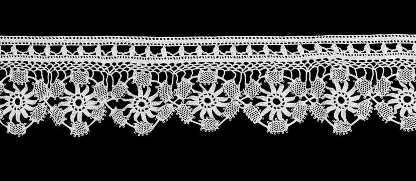 Bobbin lace tape isolated on black background, bobbin lace with gimp trim, vintage textile design, antique fabric art, doily