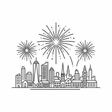 Fireworks over city skyline outline icon for New Year celebration and urban event design