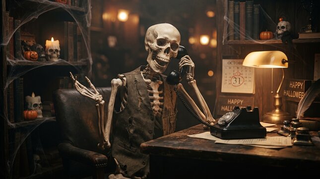 A spooky human skeleton sitting at a vintage office desk talking on an old telephone