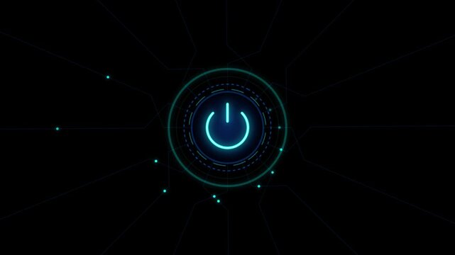 Glowing neon power button symbol on a digital futuristic circuit board background