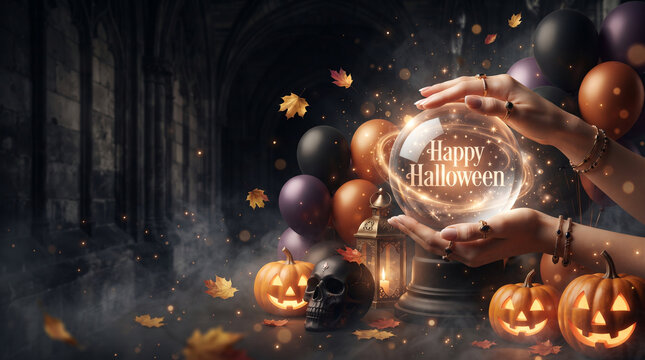 Mystical fortune teller hands holding a glowing crystal ball surrounded by spooky halloween pumpkins and decorations
