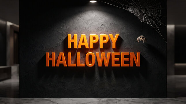 Happy halloween neon sign glowing on a dark brick wall with a spotlight above it
