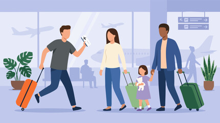 Obraz premium Families and individuals with luggage and boarding pass at modern airport