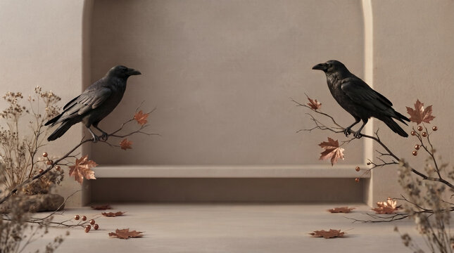 Two black crows perched on dry branches against a minimalist beige architectural background with copy space