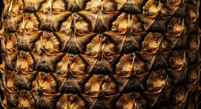 Macro Texture of Ripe Pineapple Peel Surface with Detailed Natural Geometric Pattern