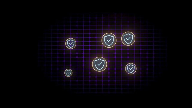 The scene shows multiple security shields arranged on a grid pattern. The grid has a dark background with blue and purple colors. The shields represent protection and security.