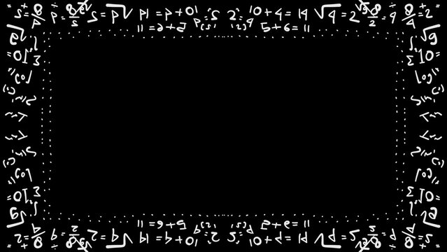 Mathematical formulas and equations border on black background.