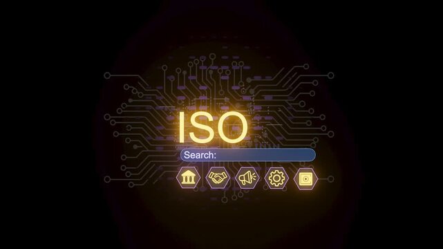 A display shows the term ISO with a search bar below it. Various icons appear, indicating different categories such as banking and technology. This scene suggests a focus on data management.