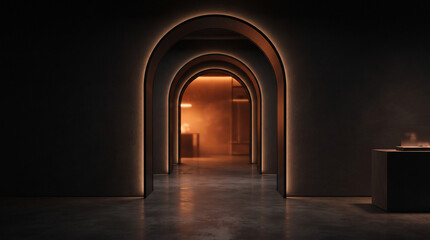 Fototapeta premium Modern luxury hotel corridor with arched doorways and warm ambient lighting in a dark interior space