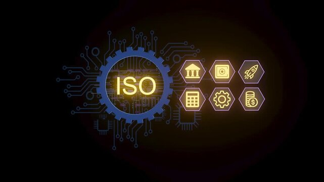 The graphic shows the ISO logo inside a gear, with lines and icons related to finance, technology, and industry surrounding it. This represents the importance of ISO standards.