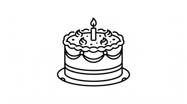 Minimalist birthday cake line art icon with a single lit candle for celebration design.