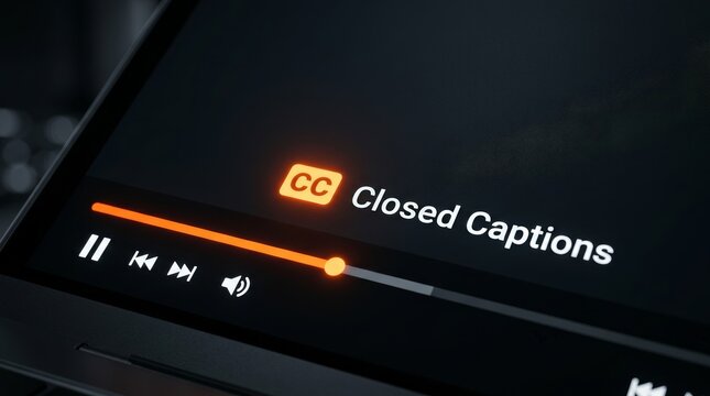 A glowing closed captions CC symbol displayed on a digital video player interface.