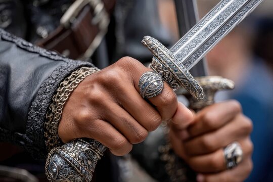 Warrior holds ornate sword with intricate details during outdoor medieval festival
