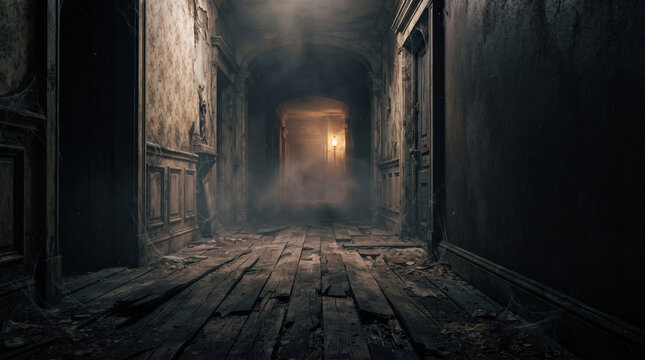 Dark abandoned hallway with peeling paint and light shining through a doorway in an old house