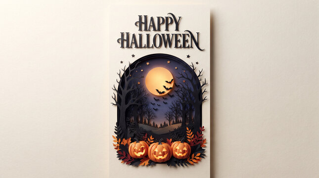 Happy halloween greeting card design featuring a spooky full moon and carved jack o lanterns