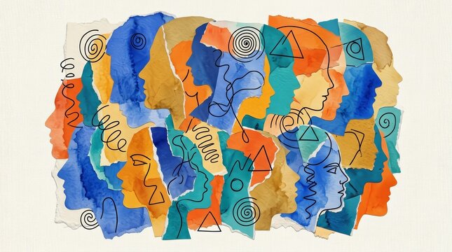 Abstract collage representing group psychology and social dynamics concepts.