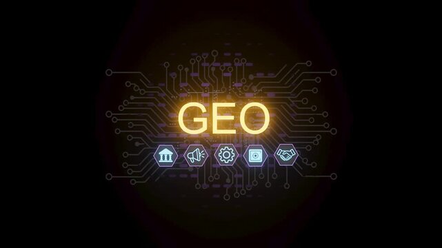The visual shows the word GEO highlighted in a bright color. Below it are icons that represent various concepts like buildings, sound, gears, and data exchange.