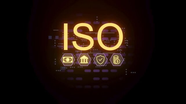 The letters ISO in large font against a digital background. Icons representing finance and security appear below, highlighting the themes of standards and quality.