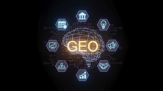 A graphic shows a brain made of lines and dots. Surrounding the brain are icons representing technology, finance, and communication. GEO is highlighted in the center.