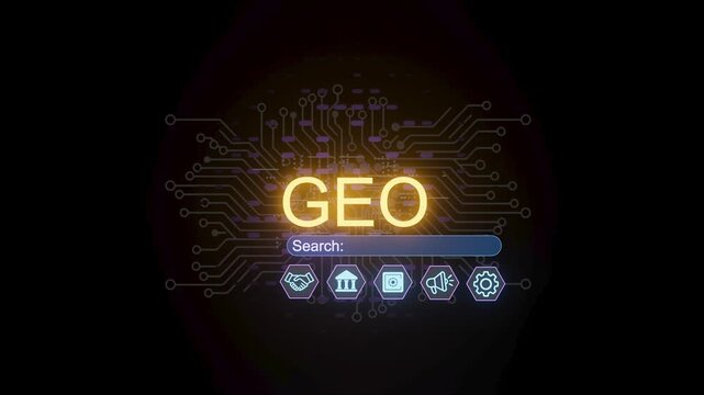 The scene shows a search interface labeled GEO. Below, there are icons representing various categories. The background has a circuit design with glowing elements.