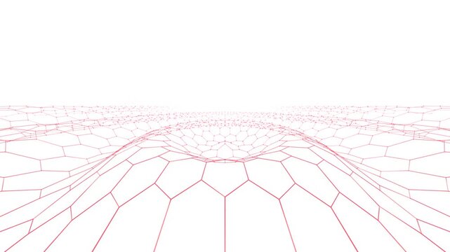 Abstract white background with red waving hexagonal wireframe mesh. This seamless 3D neural network motion graphic loop is perfect for medical and tech videos.