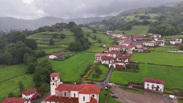 Aerial view of Amaiur village and its historic ruined castle at Nafarroa, Basque Country.