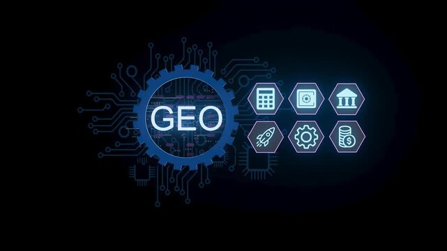 The scene shows a design with a gear shape containing the word GEO. Surrounding icons represent different aspects of geographic data and technology. The background is dark, highlighting the symbols.