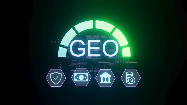 A digital display shows the word GEO in bright letters with green bars indicating levels. Icons for security, finance, and banking are shown below it. This display suggests technology use.