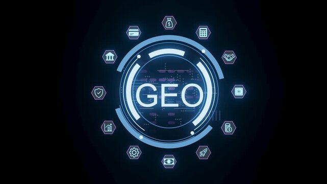 The scene shows a digital interface featuring the word GEO surrounded by various icons. It represents different aspects of geographic data. This setup is meant for technology use.